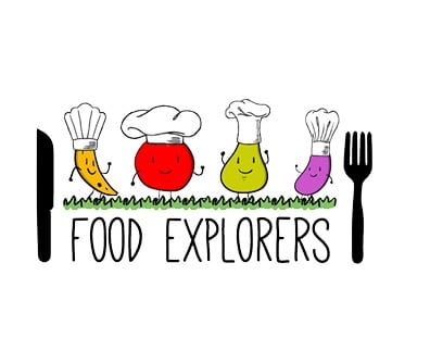 Food explorers logo dancing cartoon vegetables